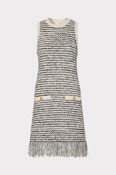 Textured Fringe Knit Mini Dress Ecru Multi Image 1 of 5