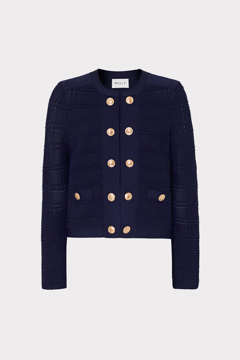 Pointelle Textured Knit Jacket with Gold Buttons in Navy Blue | MILLY