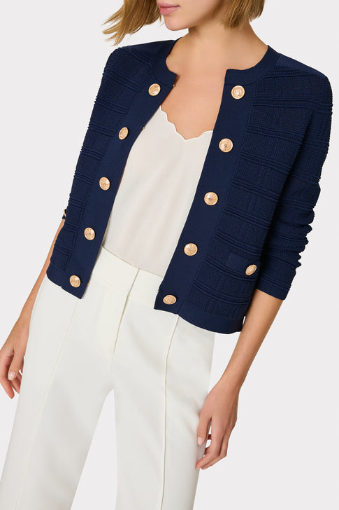Pointelle Textured Knit Jacket with Gold Buttons in Navy Blue | MILLY
