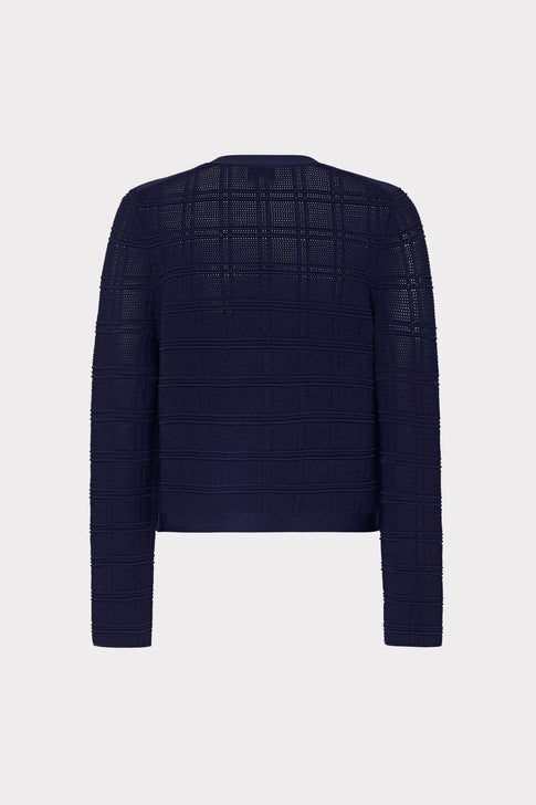 Pointelle Textured Knit Jacket with Gold Buttons in Navy Blue | MILLY