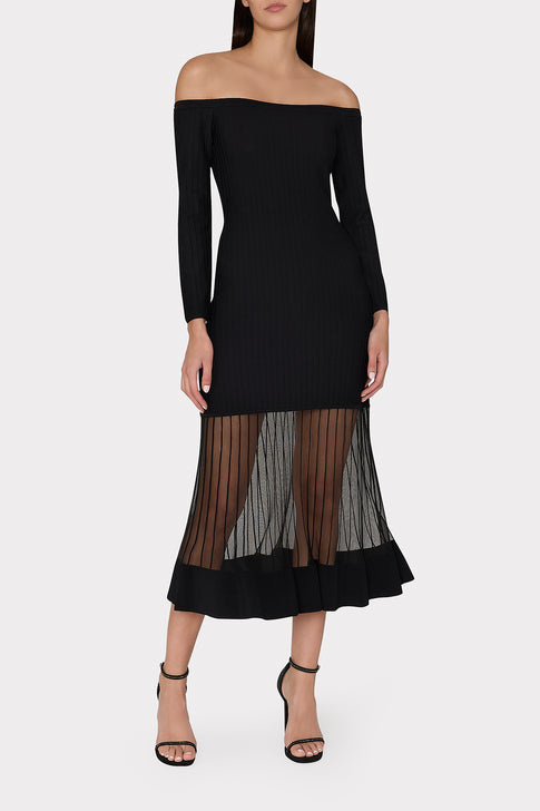 Off The Shoulder Sheer Knit Midi Dress Black Image 2 of 4