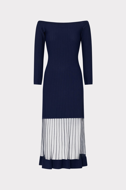 Off The Shoulder Sheer Knit Midi Dress Navy Image 1 of 4