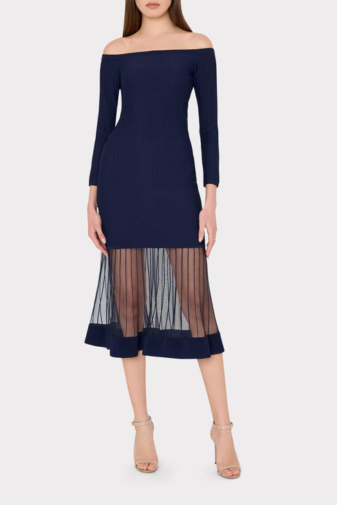 Off The Shoulder Sheer Knit Midi Dress Navy Image 2 of 4