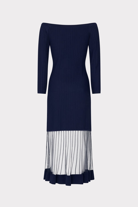 Off The Shoulder Sheer Knit Midi Dress Navy Image 4 of 4