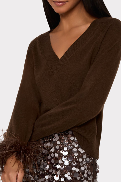 Brown Luxury Knit Feather Cuff Sweater - V-Neckline & Feather Trim Close-Up On Model | MILLY