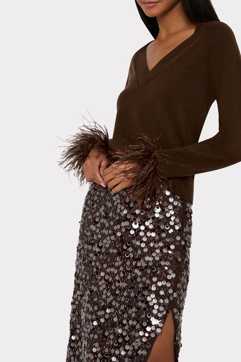 Brown Paillette Midi Skirt with Feather-Cuff Sweater - Side Detail Close-Up | MILLY