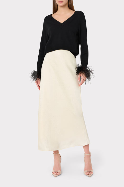 Feather Cuff V-Neck Sweater