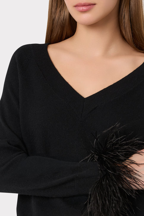 Feather Cuff V-Neck Sweater