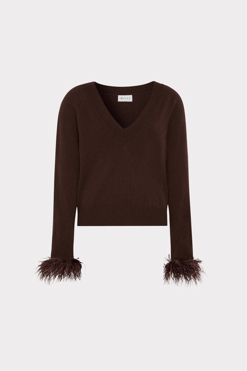 Brown Knit Feather Cuff V-Neck Sweater - Front Flat Lay | MILLY