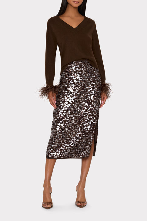 Brown Feather Cuff V-Neck Sweater On Model, Styled with Sequin Midi Skirt - Full Length | MILLY
