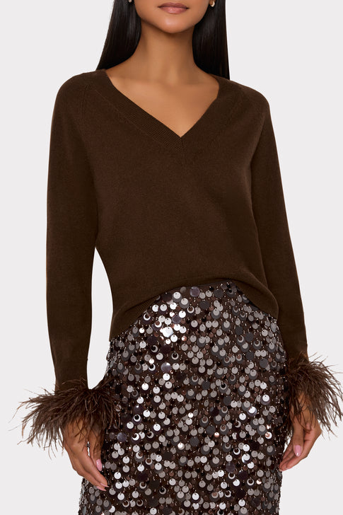 Brown Designer Knit Feather Cuff Sweater - Feather Trim Cuff & Hem Detail On Model | MILLY