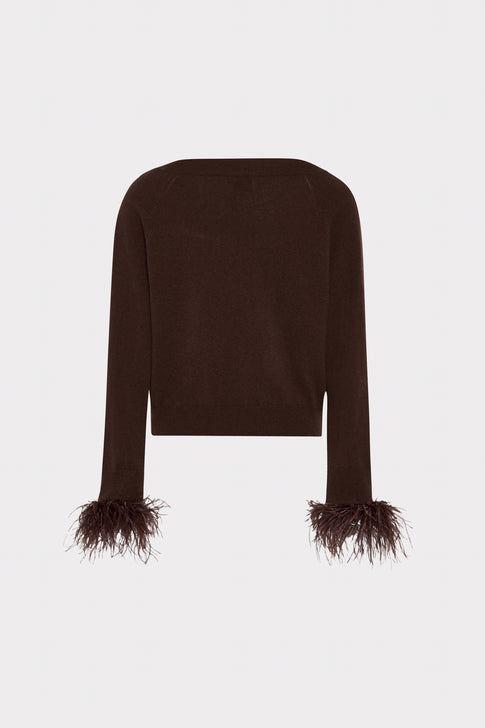Brown Knit Feather Cuff V-Neck Sweater - Back View Flat Lay, Feather Trim Cuffs | MILLY