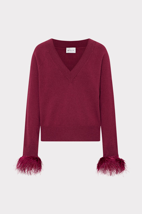 Feather Cuff V-Neck Sweater Burgundy Image 1 of 4