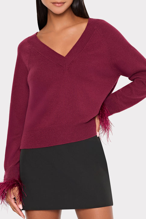 Feather Cuff V-Neck Sweater Burgundy Image 3 of 4