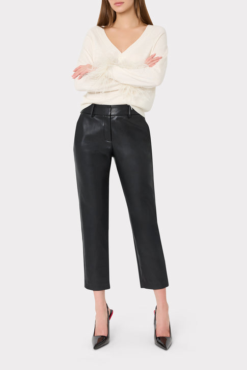 Ecru Knit Feather Trim Sweater - On Model with Black Trousers, Styled Look | MILLY