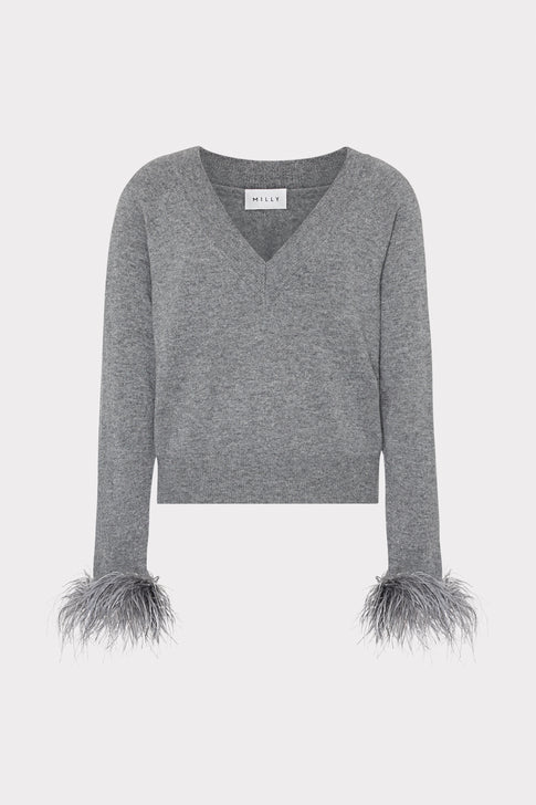 Feather Cuff V-Neck Sweater Grey Heather Image 1 of 4