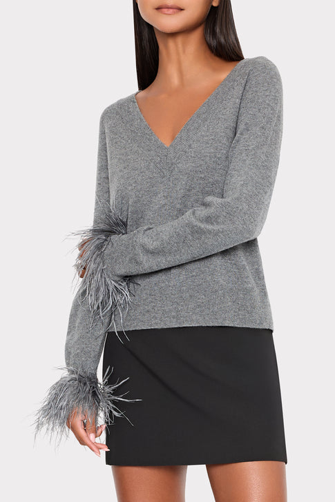 Feather Cuff V-Neck Sweater Grey Heather Image 2 of 4