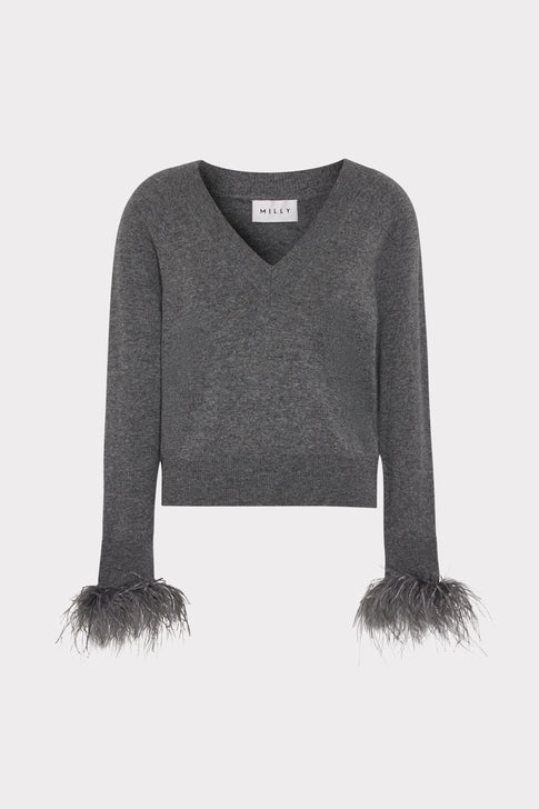 Feather Cuff V-Neck Sweater