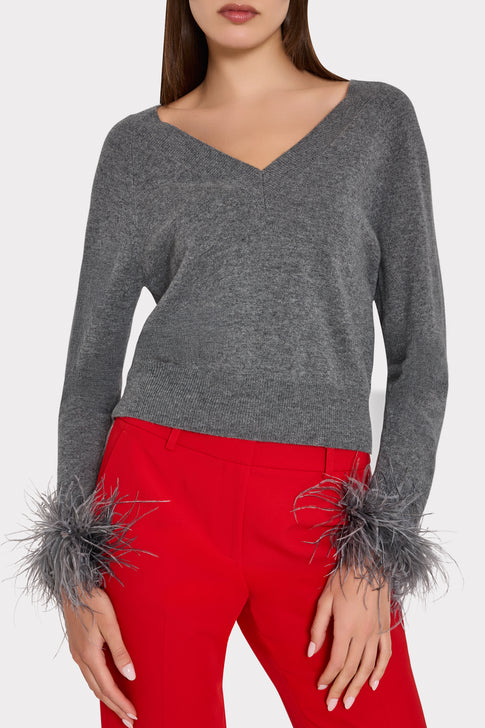 Feather Cuff V-Neck Sweater