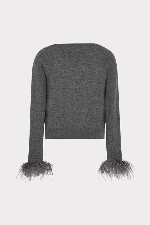 Feather Cuff V-Neck Sweater