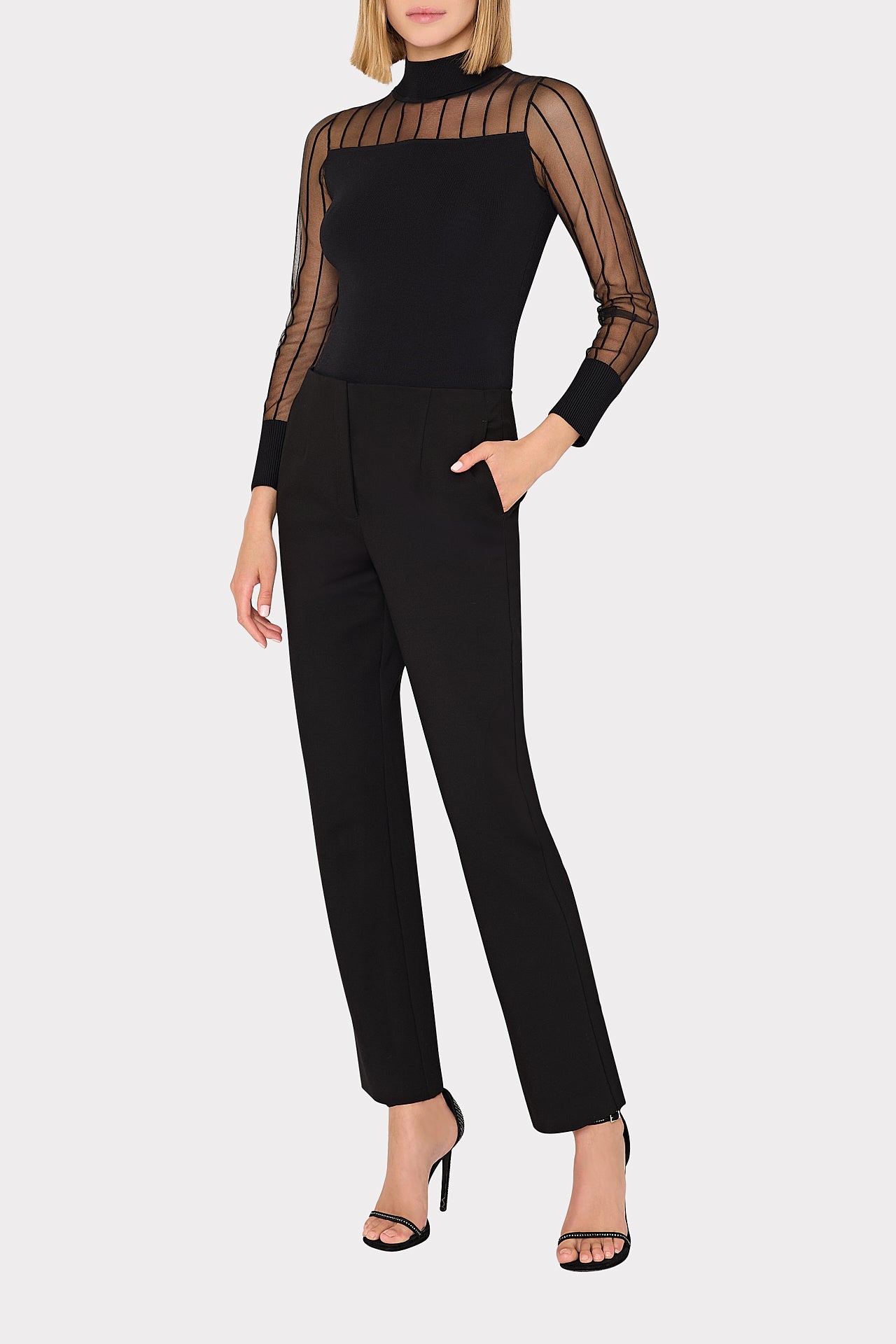 Krissy Sheer Knit Mock Neck Top in Black | MILLY
