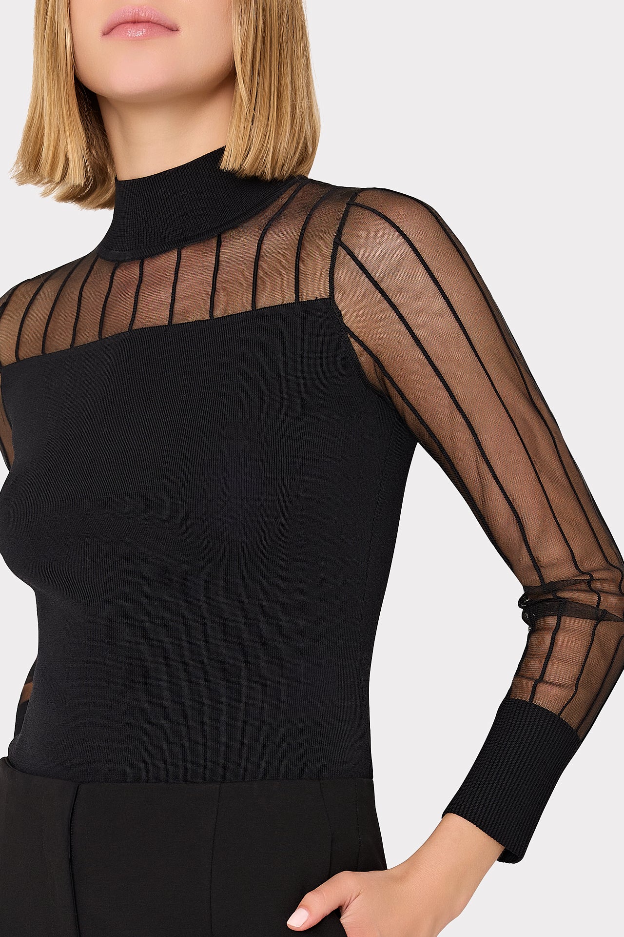 Krissy Sheer Knit Mock Neck Top in Black | MILLY