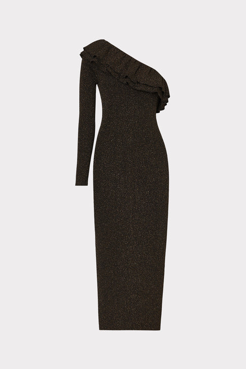Kelly One Shoulder Ruffle Knit Midi Dress Gold Image 1 of 4