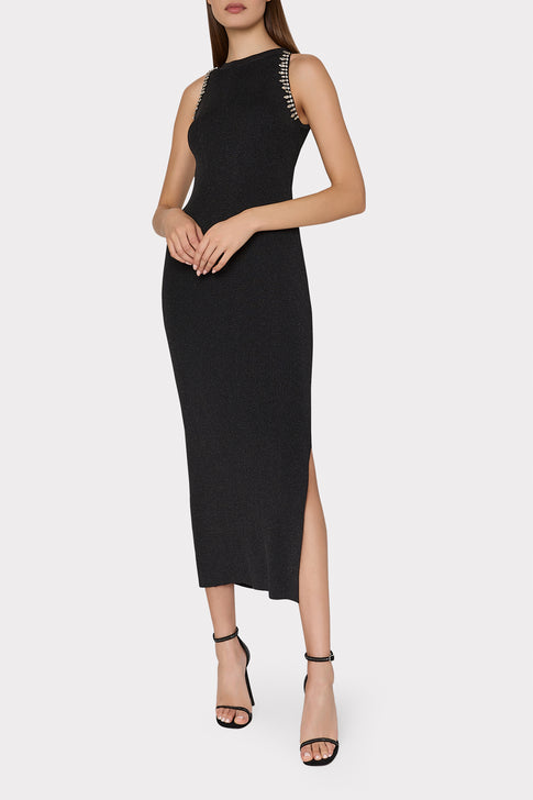 Izel Embellished Halter Knit Midi Dress Metallic Black Image 2 of 4