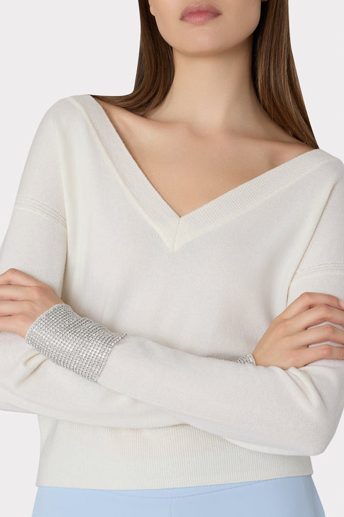 Ilyse Crystal Cuff V-Neck Sweater Ecru Image 3 of 4