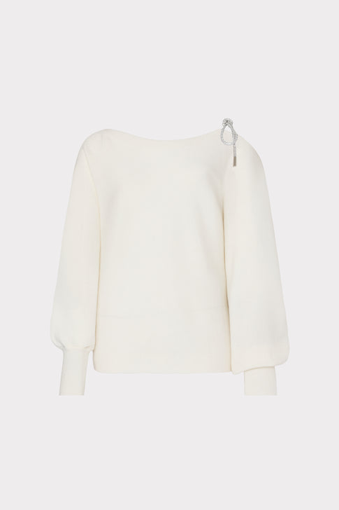 Ida Crystal Bow Cold Shoulder Sweater Ecru Image 1 of 4