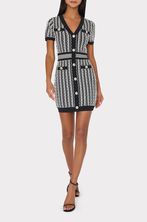Scallop Textured V-Neck Knit Mini Dress Black Multi Image 2 of 5