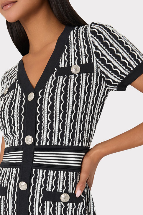 Scallop Textured V-Neck Knit Mini Dress Black Multi Image 4 of 5