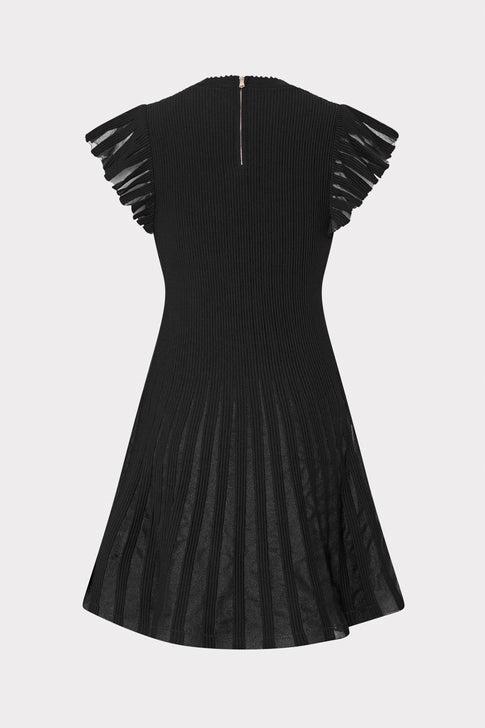Sheer Flutter Sleeve Knit Dress in Black | MILLY