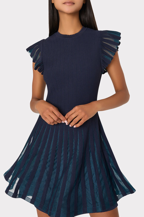 Navy Knit Dress with Sheer Pleated Flutter Sleeves - Front Detail | MILLY