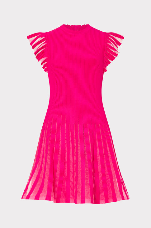 Fuchsia dress with sheer sleeves on a light gray background