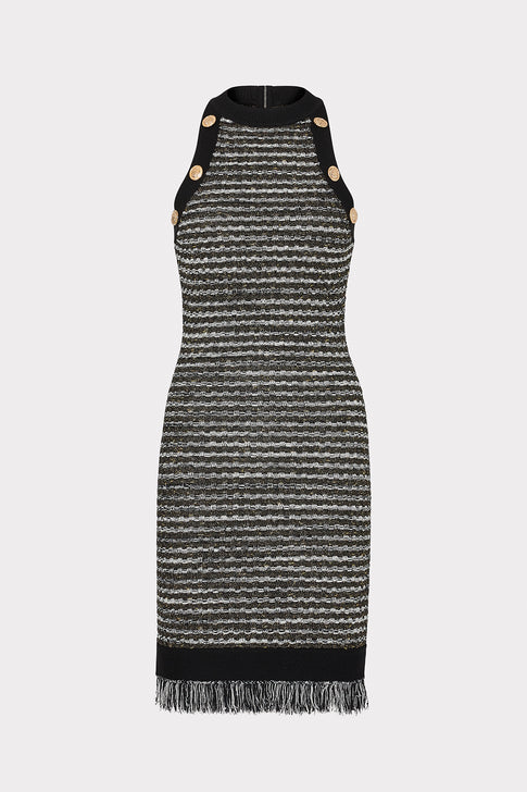Halter Textured Fringe Knit Mini Dress Black Gold Multi Image 1 of 4