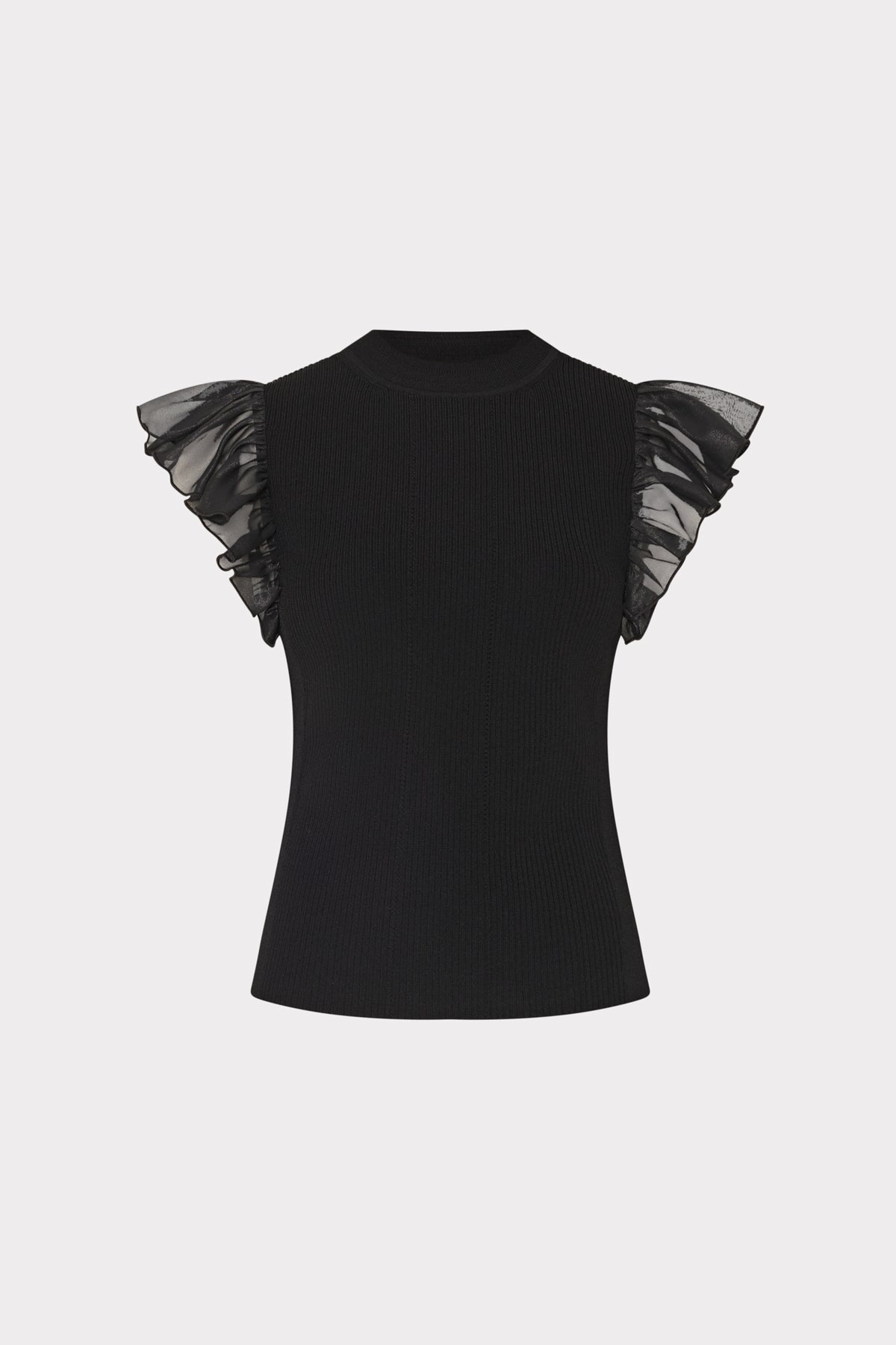 Black Chiffon Flutter Sleeve Knit Top - Flat Lay | MILLY