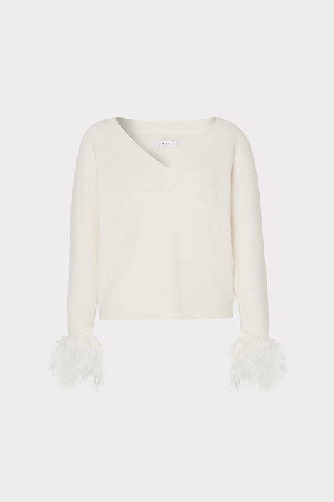 Feather Cuff V-neck Sweater