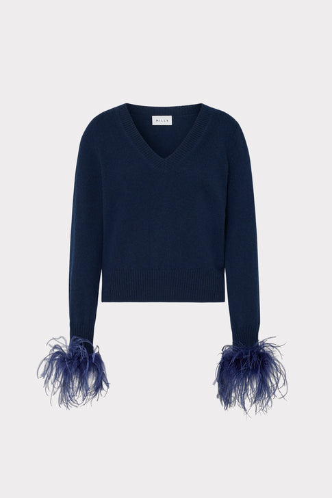 Feather Cuff V-Neck Sweater Navy Image 1 of 4