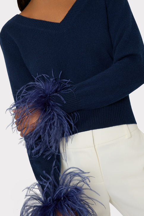 Feather Cuff V-Neck Sweater Navy Image 3 of 4