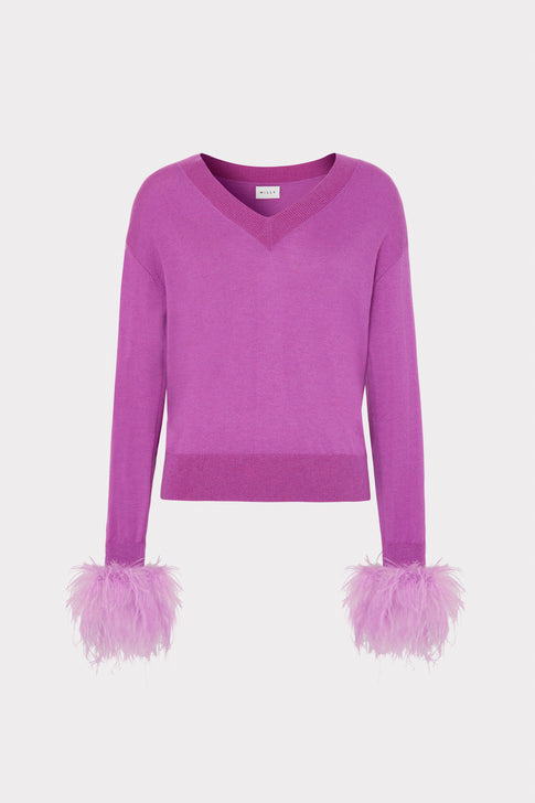 Feather Cuff V-Neck Sweater Purple Image 1 of 4