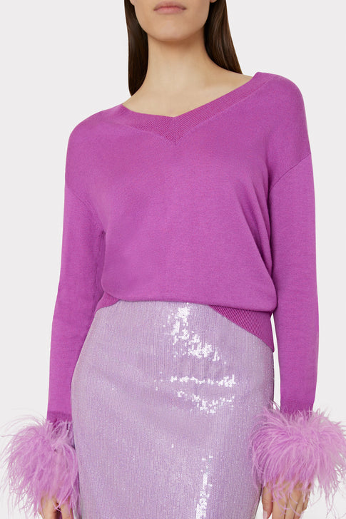 Feather Cuff V-Neck Sweater Purple Image 3 of 4