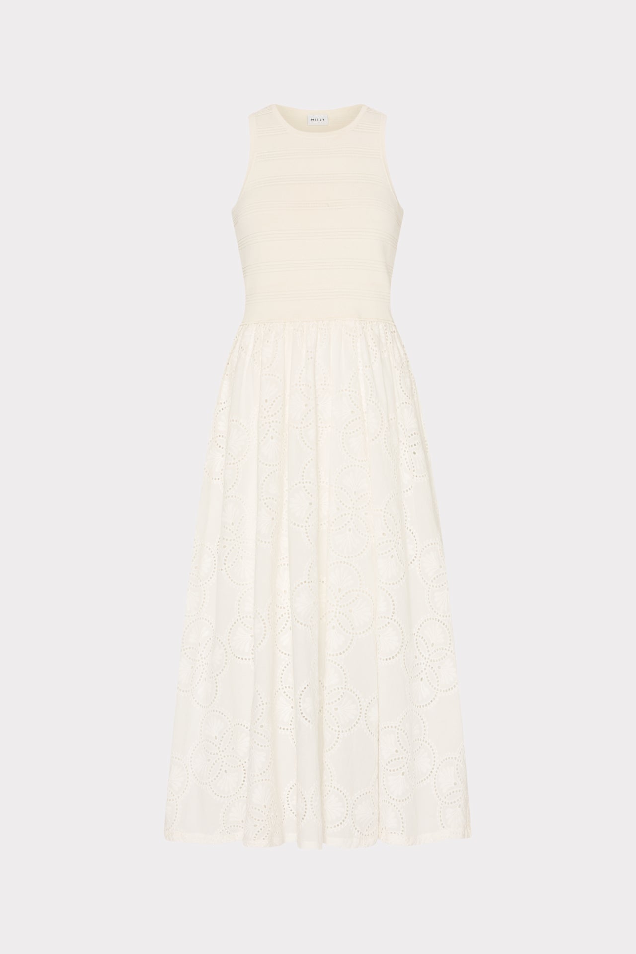 Geo Eyelet Knit Combo Midi Dress in Ecru | MILLY Geo Eyelet Knit Combo Midi Dress in Ecru | MILLY