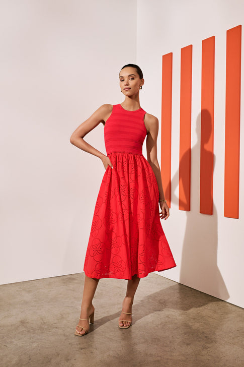 Geo Eyelet Knit Combo Midi Dress in Red MILLY