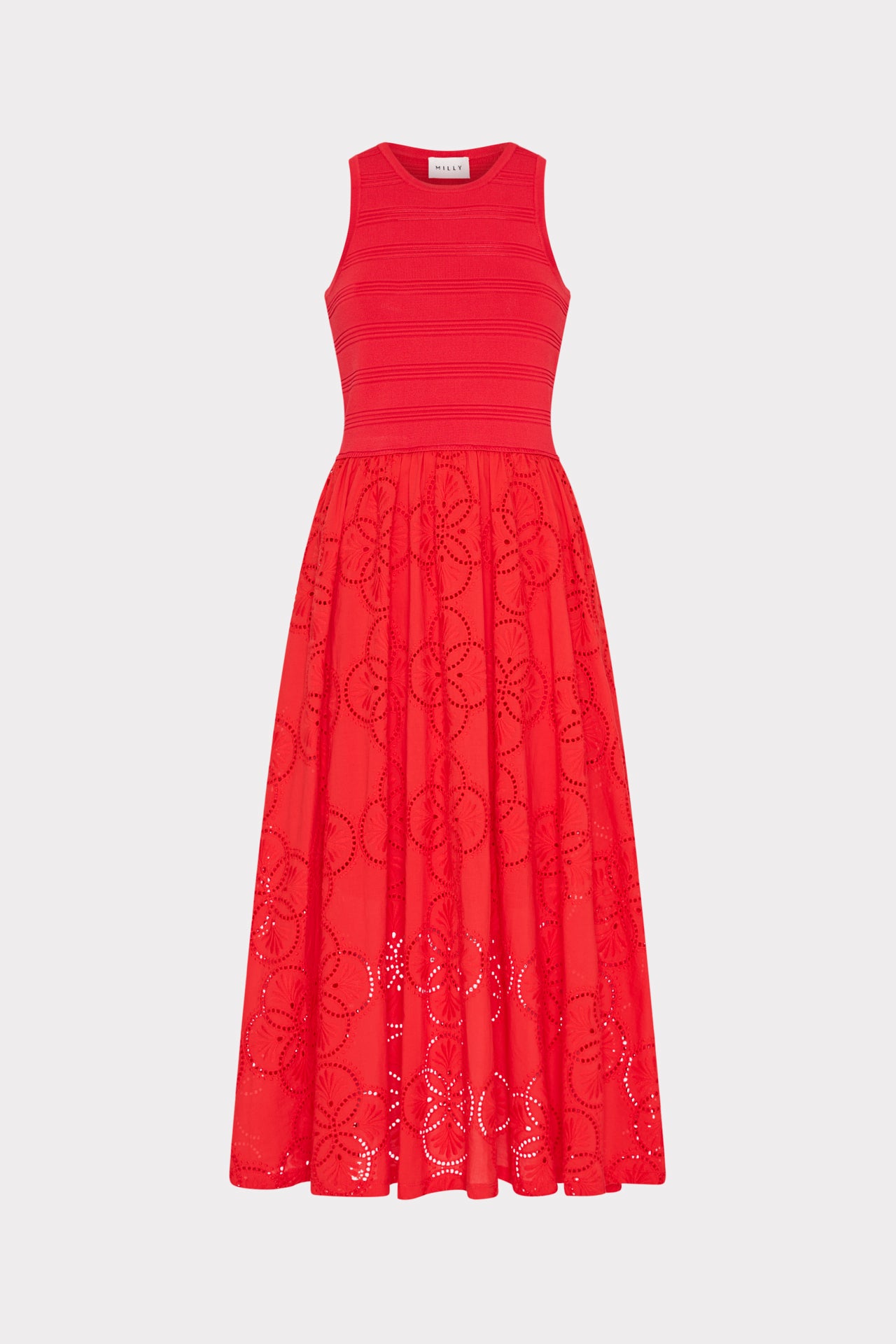 Geo Eyelet Knit Combo Midi Dress in Red | MILLY Geo Eyelet Knit Combo Midi Dress in Red | MILLY