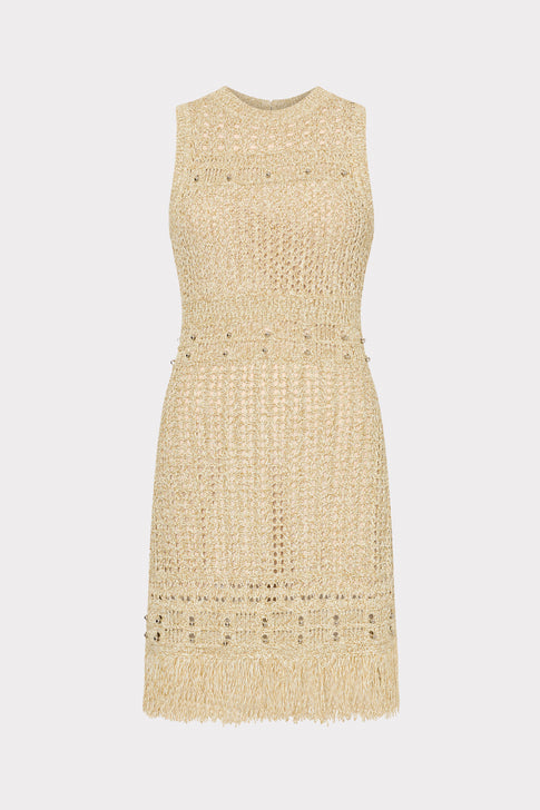 Beaded Fringe Knit Mini Dress Beige Multi Image 1 of 4
