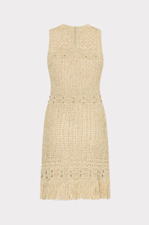 Beaded Fringe Knit Mini Dress Beige Multi Image 4 of 4