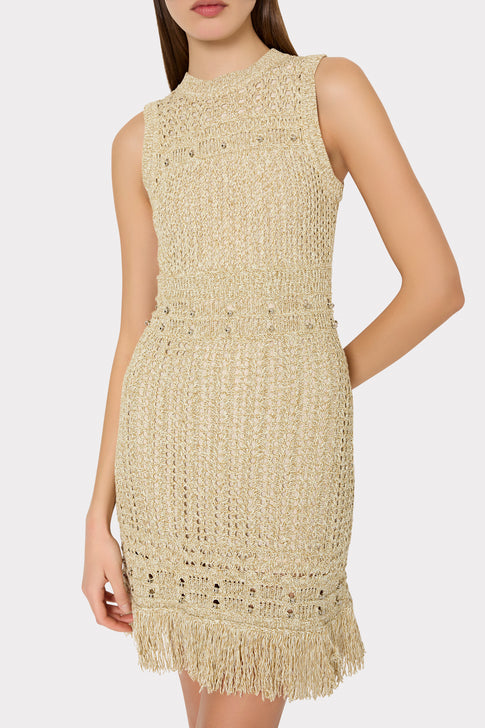 Beaded Fringe Knit Mini Dress Beige Multi Image 3 of 4
