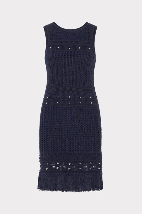 Navy Beaded Fringe Knit Shell Dress - Front View | MILLY