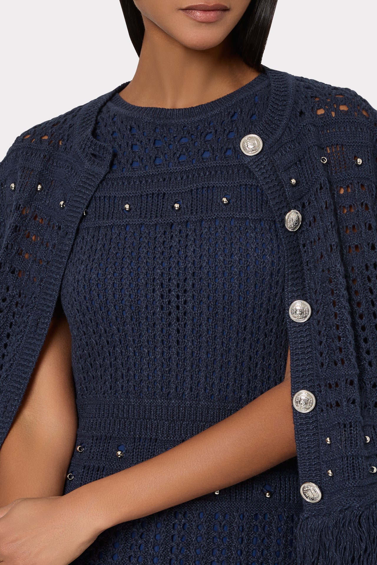 Beaded Fringe Knit Shell Dress in Navy | MILLY